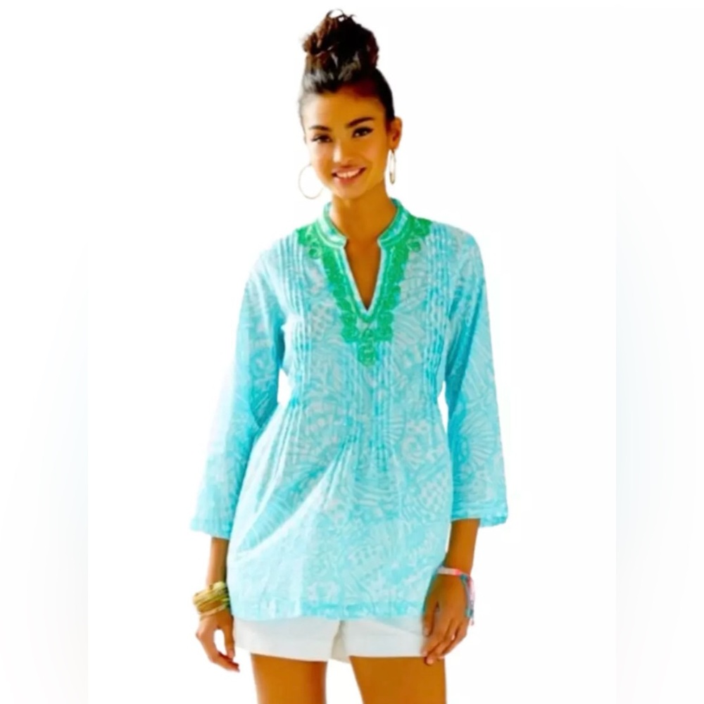 Lilly Pulitzer Sarasota Beaded Tunic Top in Shorely Blue & Sea‎ Cups Size XS